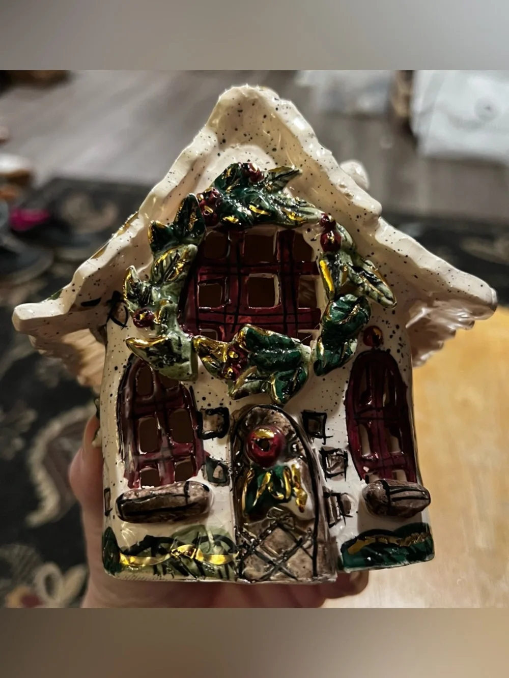 Blue Sky Heather Goldminc Christmas Cottage Tealight House Holly Berry Vintage